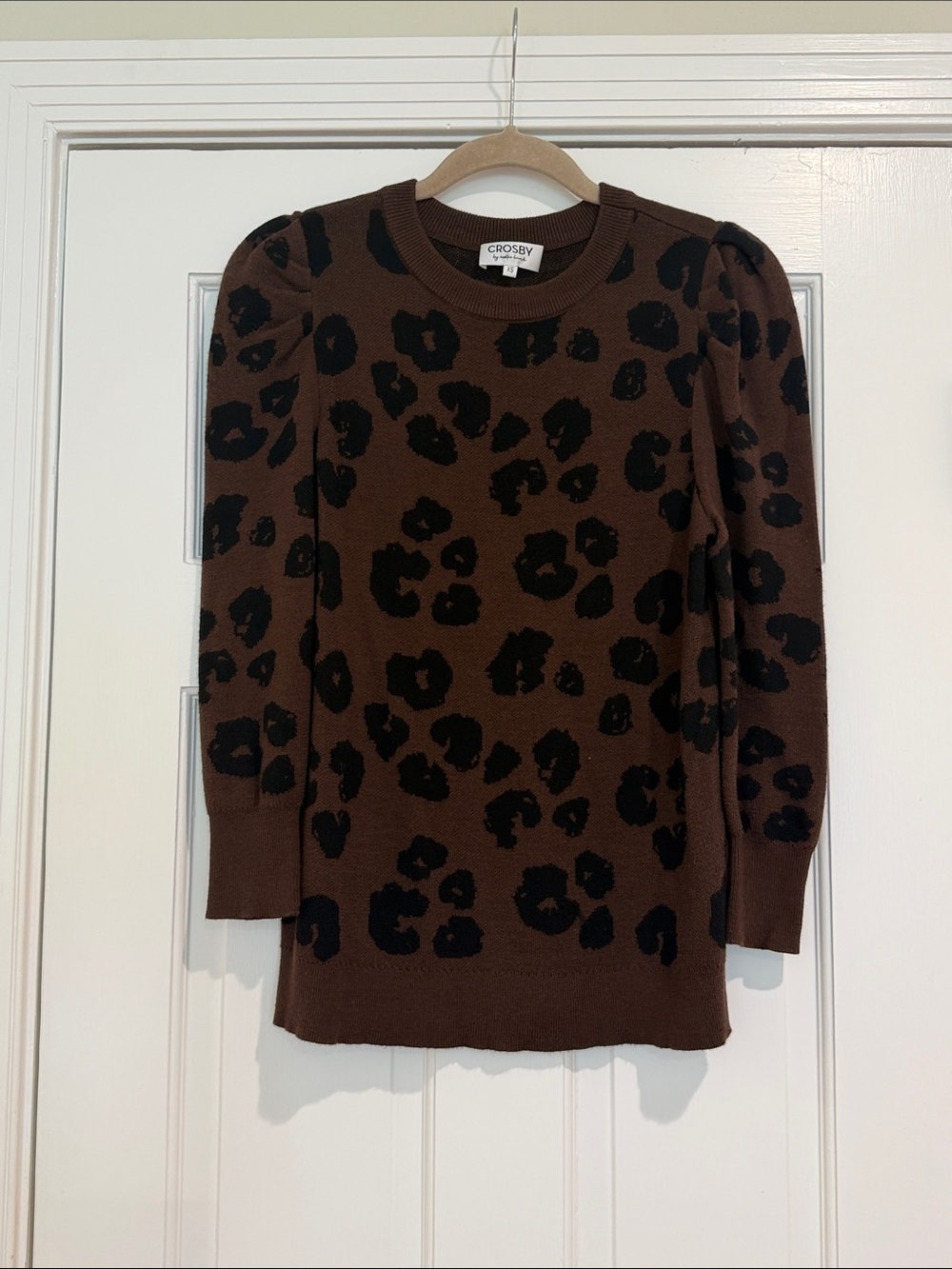 crosby. Brown sweater with black leopard print and puff sleeves